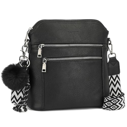 TANTOMI Umhängetasche Damen Mittelgroß, Crossbody Bags Handtasche Damen mit Vielen Fächern Schulterhandtasche mit Verstellbar Abnehmbar Breiter Gurt, Schwarz