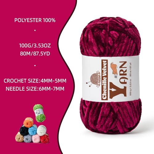 Image of 3 Pack Plush Chenille Chunky Yarn - Fluffy Velvet Yarn Crochet for Blanket Knitting and Crocheting - Soft Baby Yarns for Crocheting - Amigurumi Crochet Yarns 100g (87yds) (3 Burgundy)