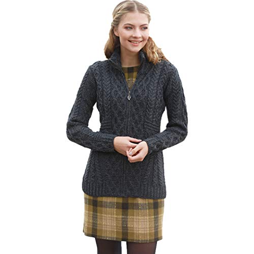 Image of 100% Irish Wool Women's Cable Knit Cardigan Sweater, Full Zip, Made in Ireland