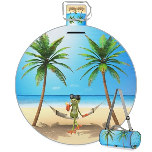 Shimoshe Palm Tree Frog Beach Picnic Outdoor Blanket Foldable Waterproof Sandproof Beach Blanket Portable Water-Resistant Round Picnic Mat for Travel Camping Park Lawn
