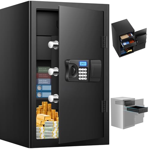 Mejasg Cassaforte grande da 85 l, ignifuga con 2 cassetti e 1 ripiano estraibile, cassaforte digitale con sistema di allarme, scatola per documenti ignifuga, per la casa, gioielli, contanti, documenti