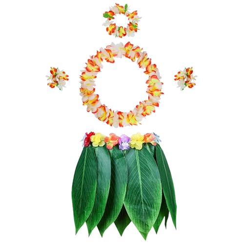 PIXHOTUL Ensemble de 5 pièces Jupe en feuilles Hula et Leis hawaïens, Jupe Hula + Bandeau fleur + 2 Bracelets fleurs + Collier Guirlande, Costume de fête Hula Luau pour femmes, filles (Orange + Blanc)