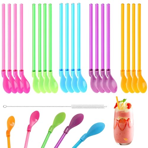 20 StüCk Strohhalm Mit LöFfel,Wiederverwendbar Slush Strohhalme LöFfel,2-In-1 Slush Eis Strohhalme Mit LöFfel,Slush Eis Becher LöFfel Mit...