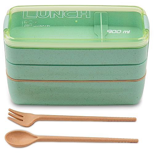 CUQOO Bento 3-in-1 Compartment Box for Kids and Adults in Green – Leakproof, Microwave & Dishwasher Safe Includes Spoon and Fork | Bento Easy to Carry Lunch Box for Suitable for School, Work & Picnics