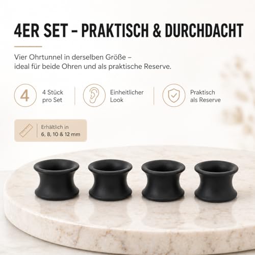 Fellisimo 4x Silikon Ohr Tunnel 10 mm, 6mm, 8mm, 12mm – Schwarz – Weicher Silikon Plug/Tunnel – Komfort, Stabiler Halt, Pflegeleicht – für Geweitete Ohren – Double Flared (Schwarz 10mm)