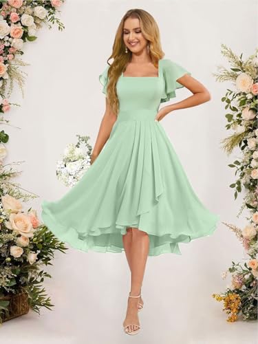 Chiffon Bridesmaid Dresses Short for Wedding with Ruffles Sleeve Square Neck Formal Party Dresses for Women GA1153