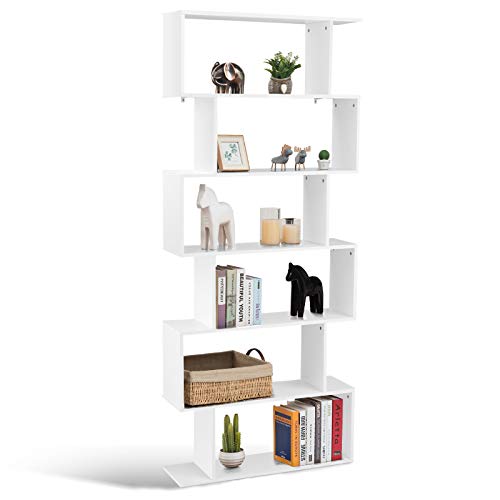 CASART 5/6 Tier Wooden Bookcase, Free Standing Shelving Stand Rack, S-Shaped Bookshelf Storage Display Unit (White, 80 x 23 x 192cm)