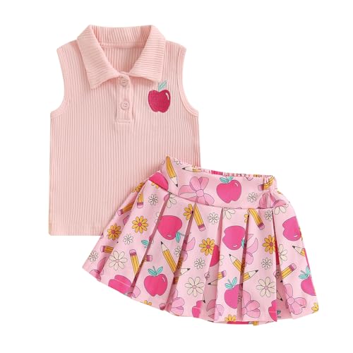 BeQeuewll Kids Girls Back to School Outfit Apple Dress Lapel Tank Vest+Pleated Skirt 2Pcs Pre K First Day of School Outfit - Main Image