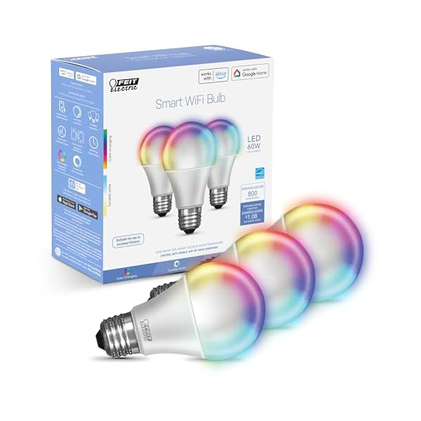 Feit Electric Smart Light Bulbs with RGB Color Changing and Tunable White, 2.4Ghz WiFi Light Bulbs, No Hub Needed, Works with Alexa and Google, Dimmable 60 Watt = LED 9W, OM60/RGBW/CA/AG/3, 3 Pack