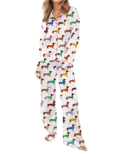 Image of SHESHOW Satin Pajamas Set for Women Set Long Sleeve Button Down Pjs Sets 2 Piece Loungewear Animal Sleepwear XS-XXL