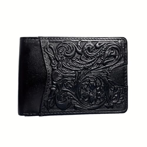 Minimalist Longhorn Floral Embossed Full Grain Leather Wallets for Men Western Cowboy Genuine Leather Short Bifold Wallets With 11 Slots,Gift For Men Husband (Black)