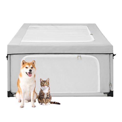 EHEYCIGA 42x42x26 Inches Puppy Playpen with Top Cover for Dogs & Cats Indoor or Outdoor - Dog Playpen with Door, Dog Fence for Small Animal with Heavy-Duty Oxford & Steel Frame, Sliver Grey