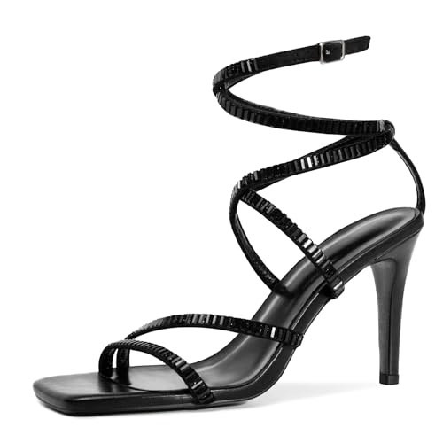 FRJR Strappy Heels for Women Lace up High Heel Sandals Square Open Toe Rhinestone Ankle Strap Stiletto Heels Sexy Prom Dress Party Wedding Heeled Shoes