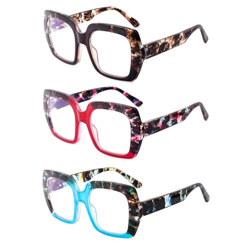 OKH Paquete de 3 Grande Gafas de Lectura Bloqueo de Luz Azul Diseño Cuadrado de Gran Tamaño y Bisagra de Resorte para Mujeres y Hombres 3.5