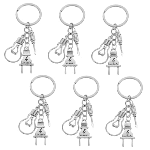 WRITWAA 6stücke Metall Schlüsselanhänger für Elektriker mit Schraubendreher Form Glühbirne und Stecker Design Befestigung an Schlüsseln Praktisches Werkzeug Accessoire Langlebig