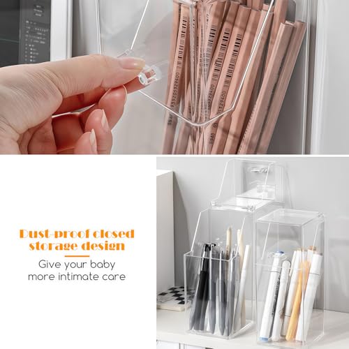 QUUPY Soporte para brochas de maquillaje, acrílico transparente, organizador de brochas de maquillaje, caja de almacenamiento con tapa, recipientes para brochas de maquillaje para tocador de baño - imagen 5