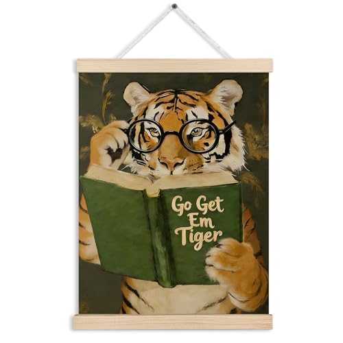 gsgfdshf Funny Tiger Wall Art Poster Framed, Go Get Em Tiger Motivational Glasses Animal Reading Hanging Wall Decor for Living Room Bedroom Library Dorm Office, 12x16 Inches