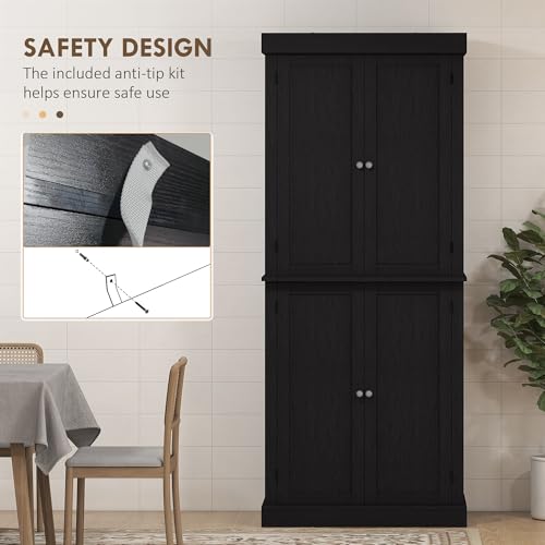 Image of HOMCOM 72.5 inch Tall Kitchen Pantry Cabinet, Freestanding Modern Farmhouse Kitchen Storage Cabinet with 4 Doors and 2 Adjustable Shelves for Dining Room, Black Wood Grain