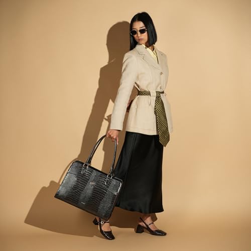 Image of Theater Dr. Grief Brown Croco Handbag for Women | Structured Top Handle Tote with Spacious Interior | Elegant Office Work & All Day Essential Laptop Bag
