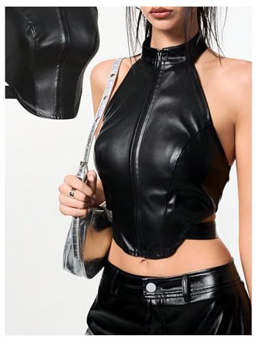MakeMeChic Women's Sleeveless PU Leather Halter Tops Zipper Front Asymmetrical Hem Y2K Crop Top3