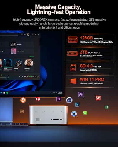 Image of Beelink Mini PC, GTR9 Pro AMD Ryzen AI Max+ 395 CPU (126 Tops), 128GB RAM 2TB Crucial SSD, Mini Computer 10GbE Dual LAN /WiFi 7+BT5.4 /8K Quad Display /USB4.0 * 2 /SD Card Slot /DeepSeek 70B