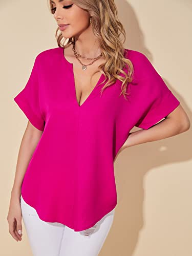 Image of Milumia Women Notched V Neck Batwing Sleeve Blouse Curved Hem Solid Casual Top