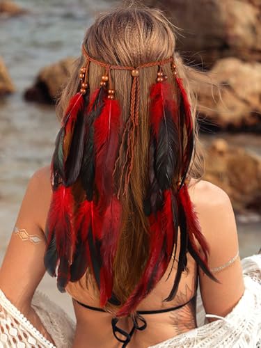 Fashband - Serre-tête indien à plumes, style bohème avec frange, style hippie tribal, accessoire de tête pour festival, bandeau pour cheveux pour femmes,...