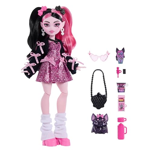 Image of Monster High Doll, Draculaura in Pink Bow Dress and Black Cardigan with Pet Bat Count Fabulous and 7 Accessories Like Ramen, Lipstick and Purse