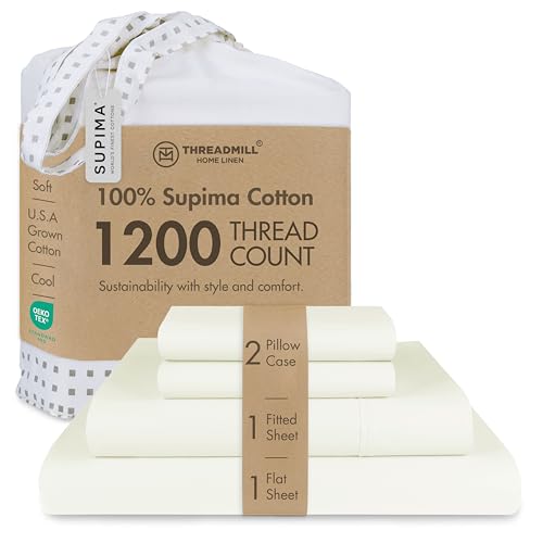 Image of Threadmill 1200 Thread Count Supima Cotton Queen Sheet Set, Sateen, Ivory | 100% Supima Cotton, Sateen Weave, 4-Piece Set, 17 inch Deep Pocket, All-Around Elastic, Pill-Resistant, Hotel Quality