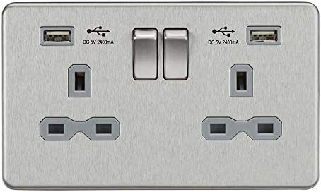 Knightsbridge SFR9224BCG 2G Switched Socket with 2.4 A Dual USB Charger, Brushed Chrome with Grey Insert, 13 A