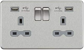 Knightsbridge SFR9224BCG 2G Switched Socket with 2.4 A Dual USB Charger, Brushed Chrome with Grey Insert, 13 A