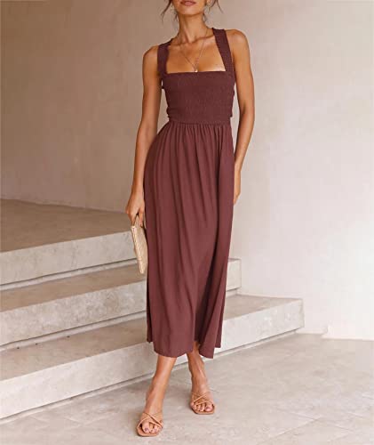 Image of Sexyshine Women's Square Neck Halter Lace Up Criss Cross Maxi Dress Tie Back Sleeveless Smocked Ruched A Line Dress