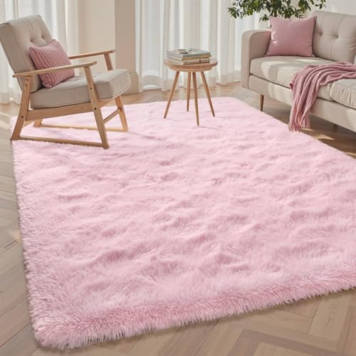 Pink Rugs for Living Room Fluffy 4x6 ft Bedroom Rug Non-Slip Area Rugs Shag Carpet for Nursery Kids PlayRoom Dorm Office Indoor Modern Plush Carpets Girls