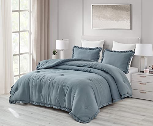 Chezmoi Collection Nora 3-Piece Ruffled Edge Trim Soft Washed Microfiber Comforter Set (Full, Dusty Blue)