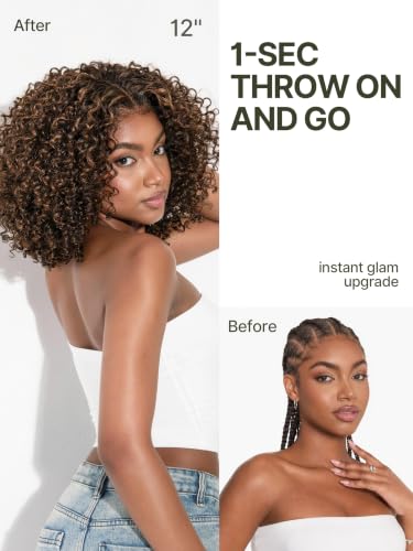 Image of Veralux Fiber Blend Human Hair 200% Density Short Curly Wigs for Black Women 13X6 HD Lace Frontal Glueless Wig 12 Inches Highlight Brown Color Ready to Go Headband Wig