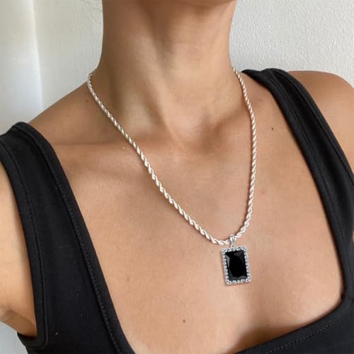 Black Onyx Necklace S925 Sterling Silver Black Onyx Gemstone Vintage Retro Handmade Silver Black Onyx with Cubic Zircon Jewelry Gift for Women Men Her Him3