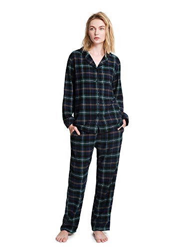 SIORO Womens Flannel Pajamas Set 100% Cotton Long Sleeve Pj Sets for Women Sleepwear Loungewear, Black Watch Plaid, Medium