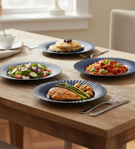 Image of Table & Tale Luxury Porcelain Dinner Plates with Elegant Blue Pattern | Crafted in Sri Lanka | Bone-Ash Free | Scratch and Chip-Resistant | Perfect for gifting | Microwave & Dishwasher Safe | Set of 4