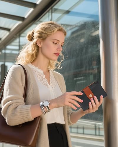 Women’s Wallet RFID Blocking Leather Trifold Wallet Large Capacity Ladies Travel Wallet with Coin Pocket & Credit Card Holder (Black＆Brown)2