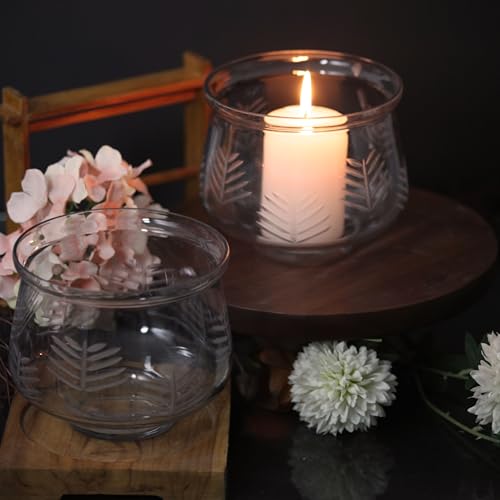 Image of KALAKRITI Bell Shape Glass Flower Vase 6 Inch | Transparent Flower Vase with Frosted Leaf Etched Pattern | Decorative Modern Table Centerpiece for Home, Living Room, Bedroom & Office Decor - Pack of 2