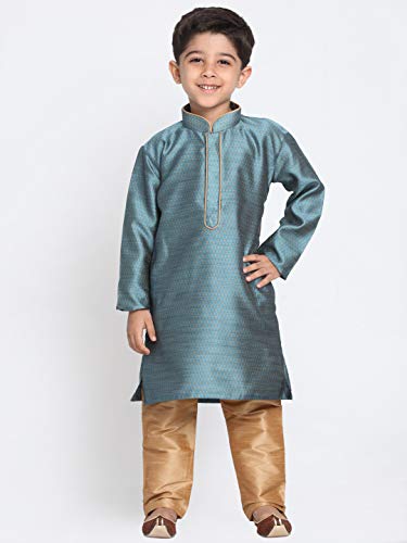 Image of VASTRAMAY Boys' Azure and Rose Gold Silk Blend Kurta Pyjama Set with Cap-VASBK047AQnPRGnC 34L