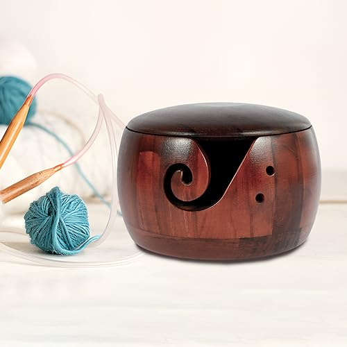 Image of Wooden Yarn Bowl with Lid, 6in Round Knitting Yarn Holder Bowl with Carved Holes,Crochet Bowl for Yarn,Pine Wood Weaving Thread Bowl, Yarn Storage Bowl for Crocheting Accessories (Dark color with