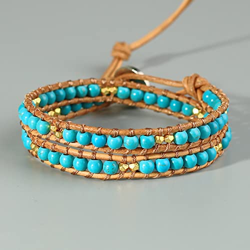 Image of KELITCH Double Wrap Bracelet Women Hand-Braided Turquoise Beads Bracelets Boho Leather Bracelets Bangle
