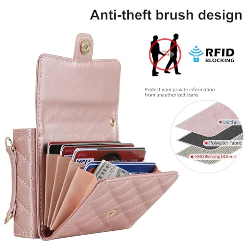 Image of Phone Case for Samsung Galaxy Z Flip 7, Crossbody Wallet Phone Cover with Card Holders Cash Slot Wristlet Strap, Fashion Leather Handbag Flip 7 Phone Case for Women Girls Rose Gold