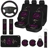 Tallew 15 Pcs Rose Flower Car Seat Covers Set for Women, Universal Full Set with Rubber Steering Wheel, Armrest, Seatbelt Covers, Front, Rear Backrest, Bottom, Polyester Fabric(Purple)