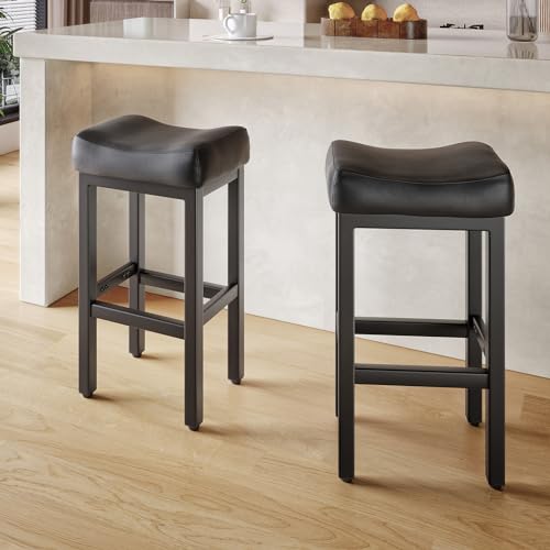 Image of 29 Inch Bar Height Bar Stools Set of 2, 29 inch Barstools for Kitchen Island Counter, Backless Bonded Leather Bar Height Stools with Thick Saddle Seats & Heavy Duty Metal Base, Easy Assembly, All Black