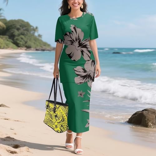 Image of Puletasi Samoan Traditional 2 Piece Outfits for Women Short Sleeve Crop Top and Maxi Skirt Sets Puletasi Dress