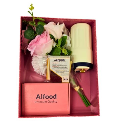 Juego de caja de regalo de lujo, incluye 1 g de azafrán premium, elegante taza con indicador de temperatura, flor artificial, Alfood (caja rosa grande, azafrán, ramo, taza)