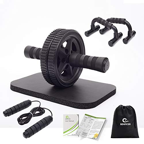 Benificer Rueda Abdominales 4 en 1, Doble Abdominal Rodillo con Esterilla Deporte, Flexiones Soporte y Uerda para Saltar -Ejercicios Abdominales en Casa