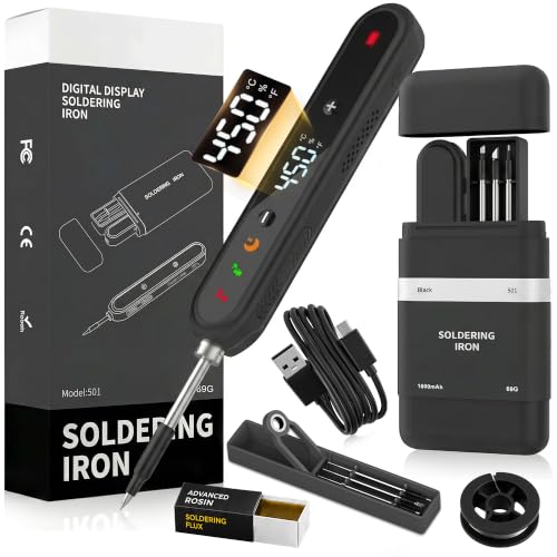 Zylany Cordless Soldering Iron Kit, 1600mAh USB-C Rechargeable Soldering Pen with LED Display & Stable Temp Control, Charging-While-Use, 356°F-842°F/180°C-450°C, 3 Tips for DIY Electronics (Black)